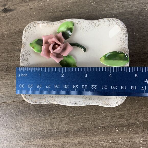 Porcelain 3D Rose 2 Trinket Dishes Japan Vintage Rectangle Plate - Picture 7 of 9